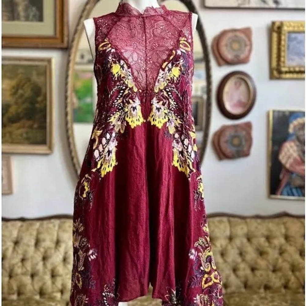 FreePeople Burgundy Floral Lace Short Dress